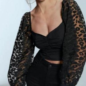 Zara Cropped Black Leopard Print Statement Puff Sleeve Top (Size S)